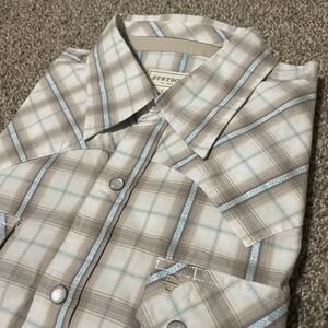 Stetson Mens Plaid Long Sleeve Snap Button Western Shirt Size Large Tan Blue